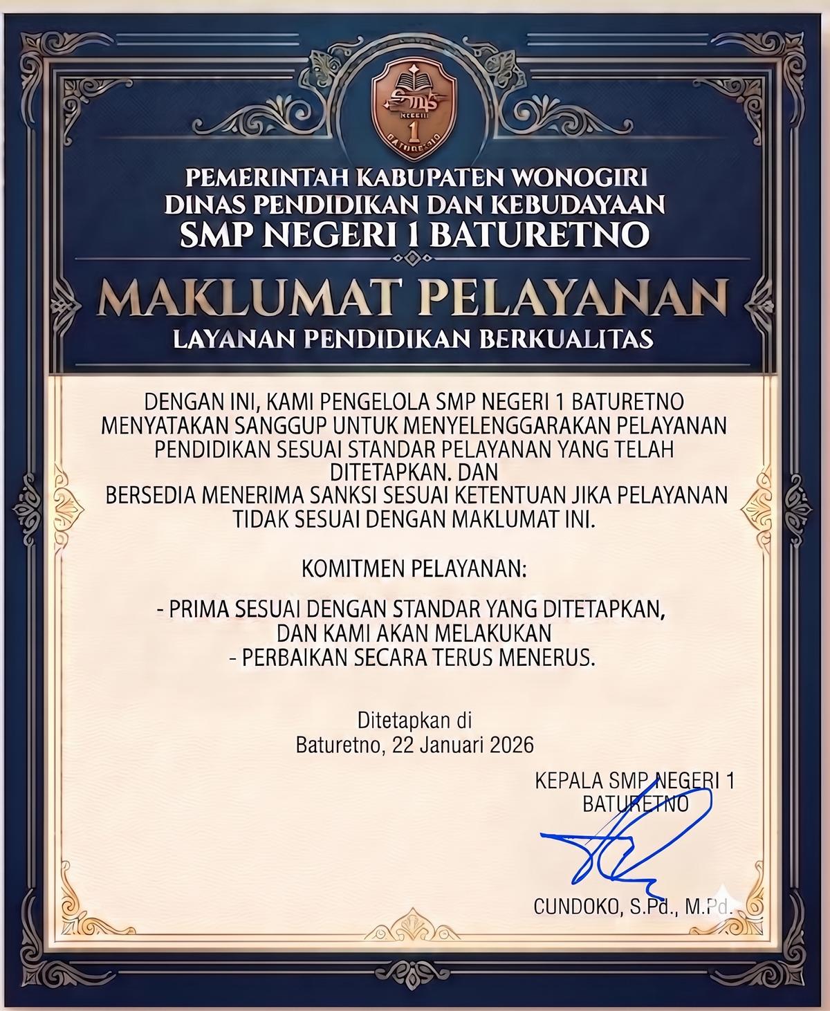 Maklumat Pelayanan SMP Negeri 1 Baturetno